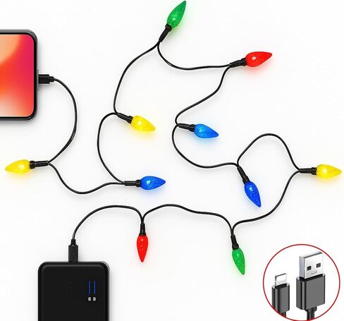 2 حزمة كابل شحن الهاتف لأضواء عيد الميلاد، سلك شاحن USB-A إلى النوع C مقاس 55 بوصة مع 10 مصابيح LED، كابلات شحن للعطلات الاحتفالية متوافقة مع الهاتف/i 17/16/15 & Pad/i Android Samsung Car in Kuwait