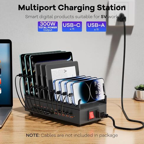 USB~C Charger Block, 300W 22 Port (11 USΒ A & 11 USΒ~C) USB Charging Station for Multiple Devices, Desktop Wall Fast Charger with Storage Dividers, USΒ Power Strip Suitable for Home Office School in Kuwait