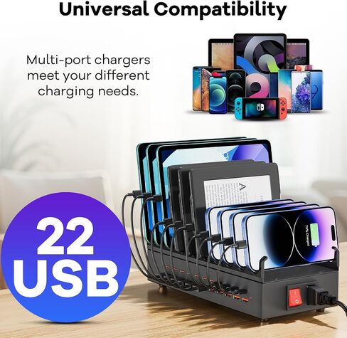 USB~C Charger Block, 300W 22 Port (11 USΒ A & 11 USΒ~C) USB Charging Station for Multiple Devices, Desktop Wall Fast Charger with Storage Dividers, USΒ Power Strip Suitable for Home Office School in Kuwait