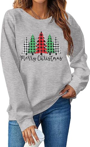 Merry and Bright Shirt Women Funny Leopard Printed Plaid Christmas Trees Long Sleeve Sweatshirts Xmas Graphic Tees in Saudi Arabia