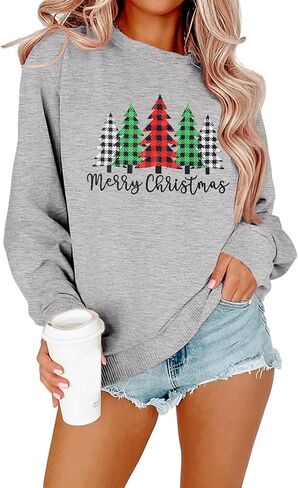 Merry and Bright Shirt Women Funny Leopard Printed Plaid Christmas Trees Long Sleeve Sweatshirts Xmas Graphic Tees in Saudi Arabia