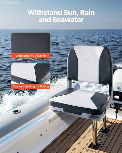 VEVOR Boat Seat, Low Backrest, Folding Fishing Boat Seat with Thickened Sponge Cushion & Waterproof PVC Leather, Aluminum Alloy Hinges, Flip Up Boat Seat for Fishing Boats, Yachts, Ships, White in Saudi Arabia