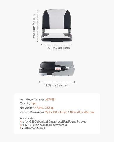 VEVOR Boat Seat, Low Backrest, Folding Fishing Boat Seat with Thickened Sponge Cushion & Waterproof PVC Leather, Aluminum Alloy Hinges, Flip Up Boat Seat for Fishing Boats, Yachts, Ships, White in Saudi Arabia