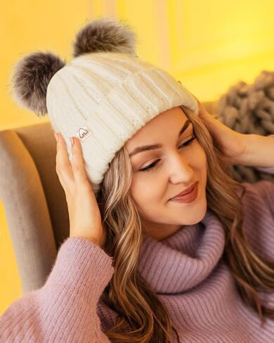 Hat Hut Winter Hats for Women Satin Lined Beanie Hats for Women Knit Ski Hat Winter Cap for Women Pom Pom Beanie in Kuwait
