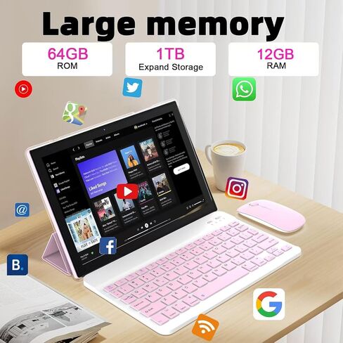 IWEGGO Android 15 Tablet, 10 inch 12GB RAM+64GB ROM/ 1TB Expansion, 1.8Ghz Quad-core Processor, 8MP Camera 6000mAh Battery, 1280*800 HD Touchscreen, 2 in 1 Tablets with Keyboard Case Mouse Stylus Pink in Saudi Arabia