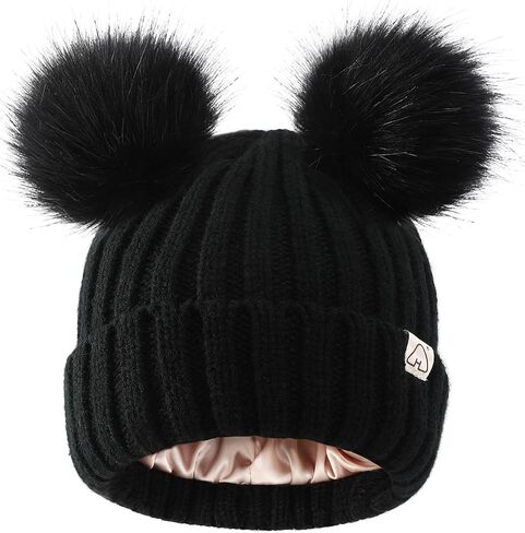 Hat Hut Winter Hats for Women Satin Lined Beanie Hats for Women Knit Ski Hat Winter Cap for Women Pom Pom Beanie in Kuwait