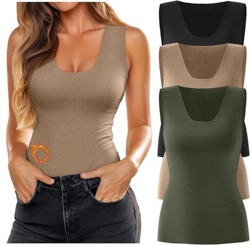 3 Pack Women's Thermal Tank Tops Fleece Lined Scoop Neck Sleeveless Undershirts Warm Frayed Hem Base Layer Vest in Kuwait