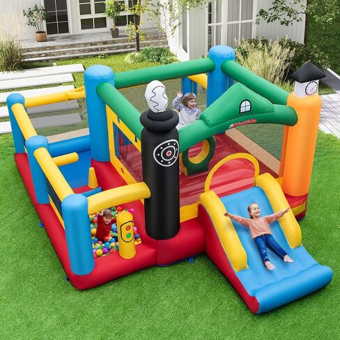 Olakids Bounce House قابلة للنفخ ، القفز الأطفال مع الشريحة ، حافة كرة السلة ، جدار التسلق ، مسار عقبة داخلي في الهواء الطلق مع 680 واط 680pcs كرات المحيطات تحمل بقع إصلاح الأكياس in Kuwait