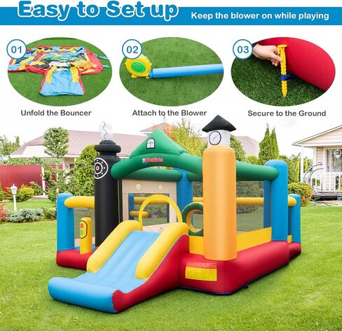 Olakids Bounce House قابلة للنفخ ، القفز الأطفال مع الشريحة ، حافة كرة السلة ، جدار التسلق ، مسار عقبة داخلي في الهواء الطلق مع 680 واط 680pcs كرات المحيطات تحمل بقع إصلاح الأكياس in Kuwait