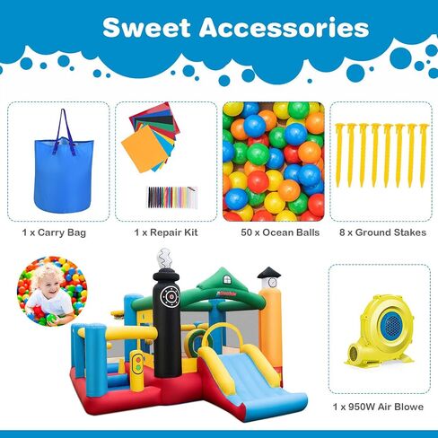 Olakids Bounce House قابلة للنفخ ، القفز الأطفال مع الشريحة ، حافة كرة السلة ، جدار التسلق ، مسار عقبة داخلي في الهواء الطلق مع 680 واط 680pcs كرات المحيطات تحمل بقع إصلاح الأكياس in Kuwait