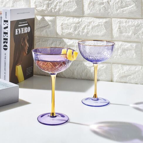 كوبيه آرت ديكو عتيقة للشمبانيا والمارتيني والكوكتيلات | مجموعة من 6 | أواني كوكتيل كلاسيكية سعة 7 أونصة - مانهاتن، كوزموبوليتان، سايد كار، كؤوس على طراز كريستال سبيك إيزي مع سيقان in Kuwait