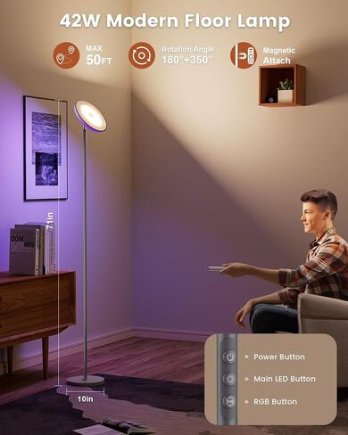 42W Bright LED Floor Lamp – 3700LM RGB Torchiere Light with Remote & Timer, 71" Tall Dimmable Standing Lamp for Living Room, Bedroom & Office – Black in Saudi Arabia