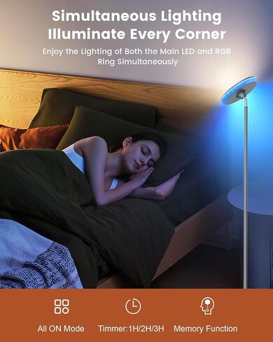 42W Bright LED Floor Lamp – 3700LM RGB Torchiere Light with Remote & Timer, 71" Tall Dimmable Standing Lamp for Living Room, Bedroom & Office – Black in Saudi Arabia
