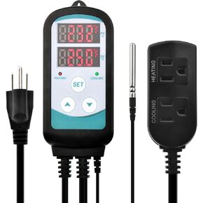 Digital Temperature Controller,Dual Digital Temperature Controlled Outlet,Thermostat Plug,Greenhouse Heater with Thermostat,110-240V 1500W ,Thermostat with Dual LED Display