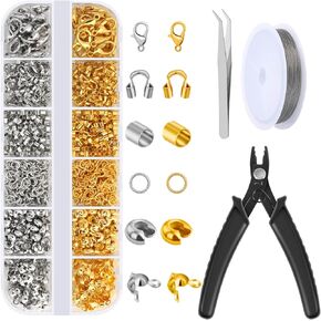 Acejoz 1200 Pcs Crimp Beads Kit for Jewelry Making, Crimp Beads, Covers, Tubes and Wire Guardians, Lobster Clasps, Jump Rings, Crimping Pliers and Beading Wire