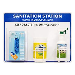 NMC SB01 Sanitation Station, 18 x 24 Rigid Plastic with ONE Acrylic Glove Dispenser and Two Wire Bottle Racks