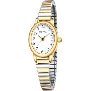BOFAN Small Gold Watches for Women Easy Read Ladies Quartz Wrist Watches with Gold Silver Stainless Steel Expansion Band,Waterproof.（6.10in-6.89in）