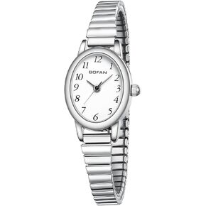 BOFAN Small Watches for Women Easy Read Ladies Quartz Wrist Watches with Silver Stainless Steel Expansion Band,Waterproof.（6.89in-7.68in）
