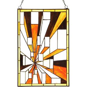 Bieye W10056 Geometric Drawing Tiffany Style Stained Glass Window Panel with Chain, Rectangular Shape, 12" W x 18" H, Red