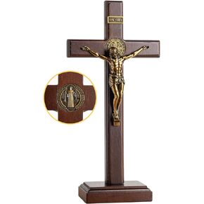 KUXBET Wooden Crucifix Cross with Detachable Stand 10 Inch Standing Catholic Wooden Jesus Christ Wall Hanging Cross for Home Decor