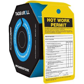 Accuform TAR706 Tags by-The-Roll Inspection and Status Record Tags, Legend "HOT Work Permit", 6.25" Length x 3" Width x 0.010" Thickness, PF-Cardstock, Black on Yellow (Pack of 100)