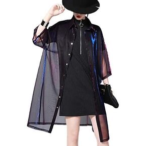 xxxiticat Women's Fashion See Through Trench Coat Lapel Transparent Mesh Laser Sunproof Sunscreen Quarter Sleeve Jackets