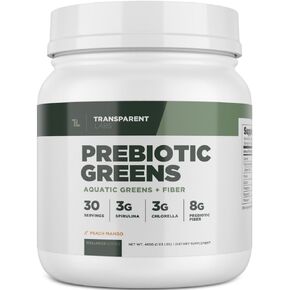 مختبرات شفافة Prebiotic Greens - مسحوق Greens Superfood ومكملات مضادات الأكسدة مع سبيرولينا العضوية، والكلوريرا العضوية، ومسحوق السنط العضوي، ومسحوق الموز الأخضر - 30 وجبة، ومانجو الخوخ in Kuwait