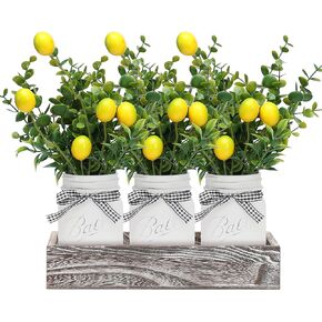 Lemon Mason Jars Centerpiece for Table, Wood Tray with 3 Painted Jars, Dining Coffee Table Centerpiece For Kitchen, Living Room, Spring Mason Jar Decor with Lemon