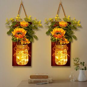OurWarm Country Farmhouse Sunflower Wall Decor with Mason Jars, Remote 6-Hour Timer LED Lights, Hanging Mason Jar for Home Kitchen Decor Living Room Lights, Set of 2