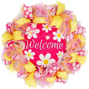 Daisy Spring Welcome Wreath - Flower Everyday Door Wreath - Yellow Pink White - Gift for Mom