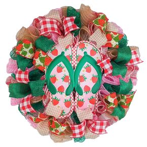 Strawberry Flip Flop Wreath - Spring Summer Welcome Deco Mesh Decor - Pink Jute Green Red White