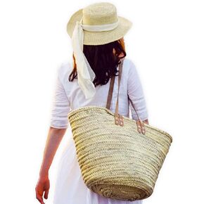 FRENCH BASKET with double flat leather handles, straw bag, beach bag, basket bag, shopping basket, wicker basket with handle, straw market basket
