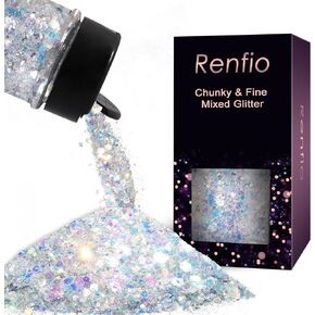 Renfio Opal Chunky Glitter, 16 Colors Dreamy Amber Resin Glitter Set Each 10g/0.35oz Glitter for Crafts Holographic Fine Glitter Mix Iridescent Glitters Flake for Snow Globe Tumbler Nail Art DIY