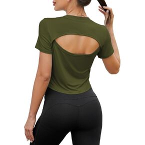 Bestisun Short Sleeve Workout Crop Tops Open Back Sports Yoga Shirts Backless Tops for Women