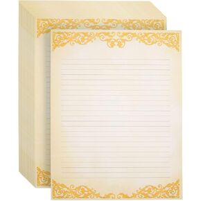 Pipilo Press 48-Pack Vintage-Style Lined Stationary Paper for Writing Letters, Antique, Old Fashioned Paper, Aged Fancy Lined Paper, Ivory with Gold Border (Letter Size, 8.5 x 11 In)