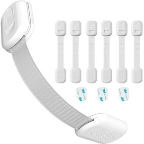 Child Safety Cabinet Locks, Baby Proofing Cabinet Strap Locks with 3 Extra 3M Adhesive,Adjustable Strap Lock for Drawers, Toilet, Fridge, No Drill No Tool (White, 6 Count (Pack of 1))