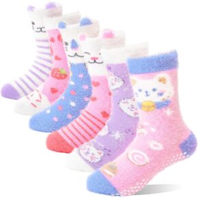 جوارب ANTSANG للأطفال والبنات الصغار ذات مقابض غامضة مع مقابض غير قابلة للانزلاق جوارب مريحة منفوشة دافئة من القطيفة 6 أزواج in Kuwait