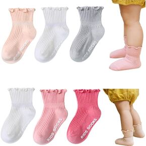 Apone Fatu 5 Pairs Toddler Anti Slip Non Skid Socks Baby Little Girls Lace Flower Stripe Crew Socks