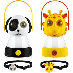 VIHOSE 2 Set Animal LED Camping Lantern and Headlamp 4 Pcs Animal Themed Camping Equipment Room Nightlight Battery Powered Night Light for Emergency, Hurricane, Lightweight Tent Lamp