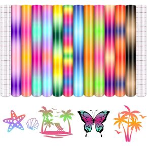 Tintnut Gradient Permanent Vinyl, Ombre Rainbow Pattern Adhesive Vinyl - 12 Sheets 12"x10", Sunset Prints Outdoor Vinyl Compatible with Cricut or Silhouett for Decor Self Sticker