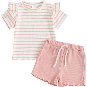 PUHHAPIEY Toddler Girl Clothes Summer Outfits Solid Plain Rib Ruffle Short Sleeve T-Shirt Tee Tops Shorts 2T 3T 4T Clothing