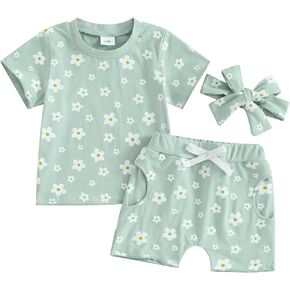 Lucikamy Toddler Baby Girl Clothes Summer Short Sleeve Floral Print T Shirt Tops + Elastic Shorts Set Infant Casual Outfits