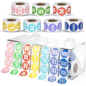 3500 Pieces Size Stickers Labels Holder Labels Organizer Acrylic Sticker Roll Dispenser Tshirt Size Stickers for Clothing T Shirts Retail 7 Size（XS S M L XL 2XL 2XL） (Black and White)