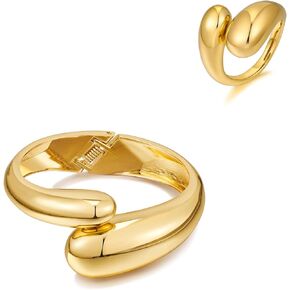WOWORAMA Chunky Gold Teardrop Rings and Cuff Bracelets Set for Women Thick Teardrop Jewelry Set for Women