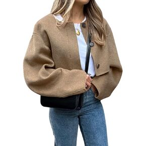 CHARTOU Women Cropped Wool Blend Pea Coat Short Jacket Peacoat Long Sleeve Button Down Crop Jacket
