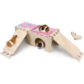 Nobgum 2 PCS Guinea Pig Hideout, Wooden Guinea Pig House with Stairs and Mats, Safe and Durable Guinea Pig Castle for Chinchilla Rat Hamster Bunny＆Small Animal in Kuwait