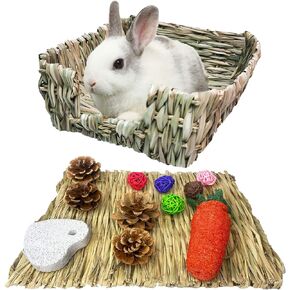 kathson Bunny Grass Bed Portable Grass Bed Mat Hand-Made with Natural Straw Lightweight Paws Protection Bedding Nest Small Animals Chew Toys for Rabbit Guinea Pig Hamster Gerbil Chinchilla Mice
