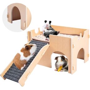 Guinea Pig Hideout,Wooden Guinea Pig Castle with Stairs,Small Animal Houses Habitats for Guinea Pigs Hamsters Bunny Chinchillas Hedgehogs 12.5L x 10.2W x 9.8H in