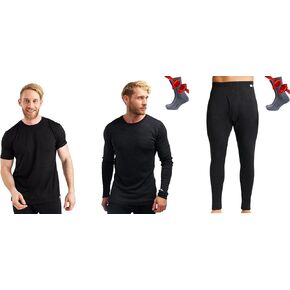 Merino Wool Base Layer Mens Set - Lightweight Undershirt, Midweight Thermal Underwear Top, Bottom + Wool Socks