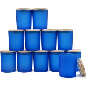 Thick Candle Jars for Making Candles 12 Pcs, 7 OZ Empty Jars with Wood Lids for Candle Making, Sample Container, Frosted Blue